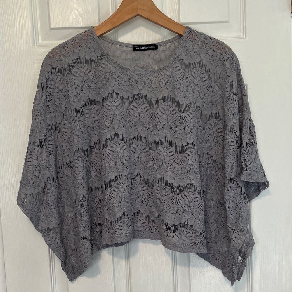 Lace Overlay Tunic Top - Gray